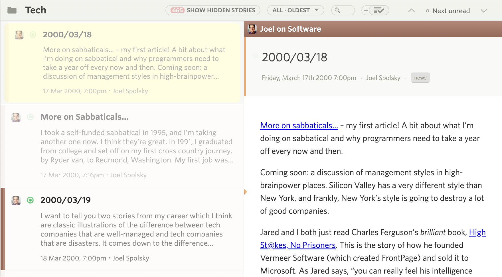 Archive showing unread stories going back months